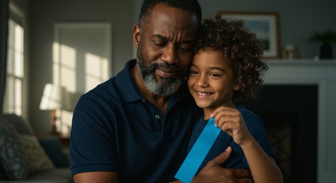 A heartwarming moment captured of a father and son embracing in a cozy living room setting indoors