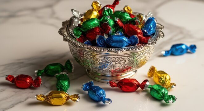 A silver bowl filled with colorful wrapped candies, with some scattered around
