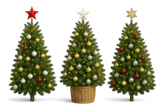 Three decorated holiday trees with festive baubles and warm lights for celebration