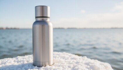 Stainless steel water bottle on snow-covered surface by water  