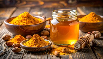 Golden turmeric powder, nuts, and honey jar sit on weathered wooden planks in a warm, inviting still life