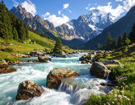 Mountain river flows through valley; snow-capped peaks