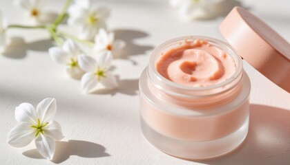 Moisturizing cream jar with lid on light background and flowers  