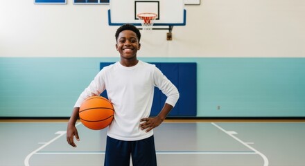Happy young Black boy smiles confidently holding basketball on an indoor court, embodying youth sport and active healthy living