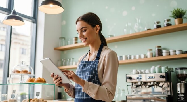Happy cafe owner confidently uses a digital tablet for innovative management, enhancing customer experience in her inviting modern shop featuring delicious fresh baked goods