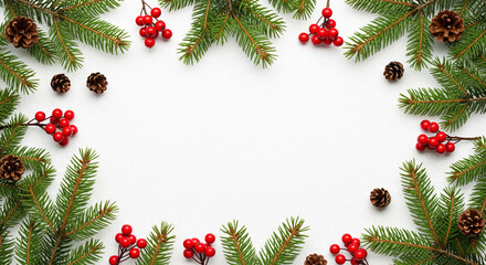 Christmas frame with fir branches berries and pine cones
