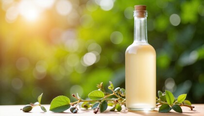 Glass bottle of oil with cork on wooden table surrounded by leaves  