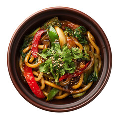 vegetable udon noodles arranged in rich brown bowl highlighting comforting warm Asian flavors overhead