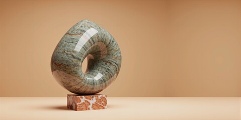 Abstract sculpture on a marble base against a neutral background with copy space