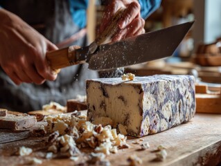 Artisan Cheese Preparation: A Skilled Craftsman Slicing Through Mottled Cheese on a Rustic Wooden Surface in a Cozy Kitchen Environment
