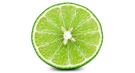 Vibrant green lime slice isolated on white background showing juicy citrus texture and freshness