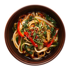 vegetable udon noodles arranged in rich brown bowl highlighting comforting warm Asian flavors overhead