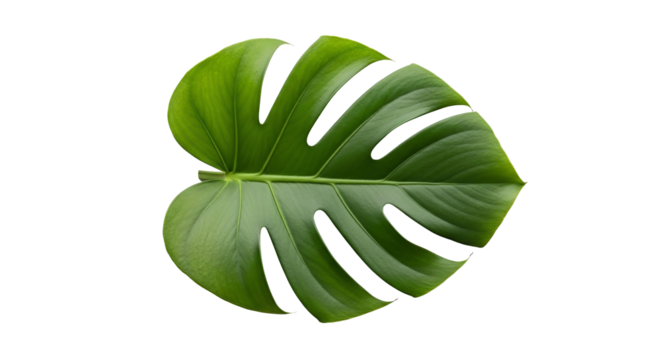 Vibrant green monstera leaf with iconic split pattern on a clean white background