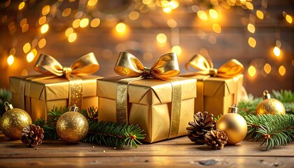 Golden wrapped gifts sit amid ornaments, pine branches, and pinecones with warm lights in the background