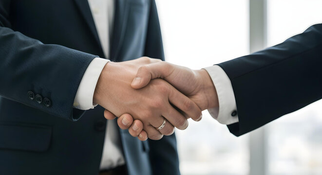 Close-up of two professionals shaking hands, emphasizing confidence and respect.