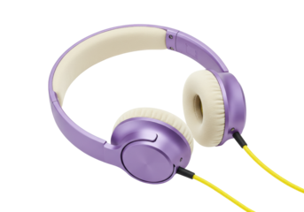 Isolated over-ear headphones in purple and beige with yellow cord for listening to music