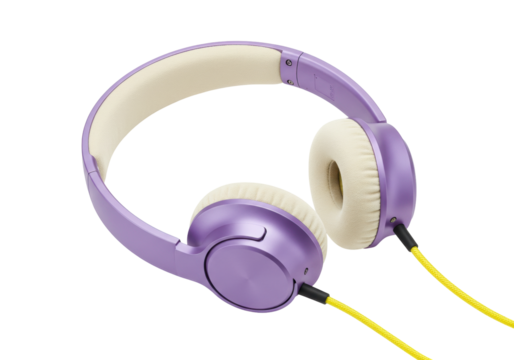 Isolated over-ear headphones in purple and beige with yellow cord for listening to music