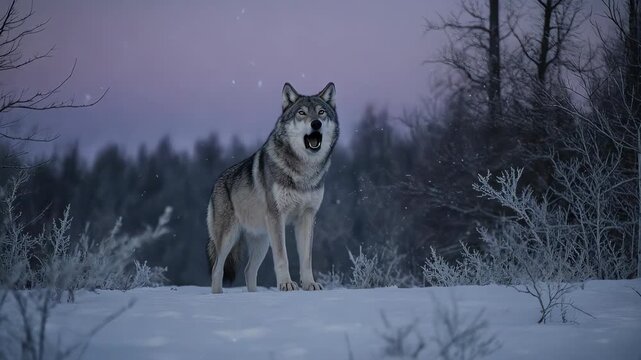 Loup hurlant dans un paysage hivernal au cr&eacute;puscule