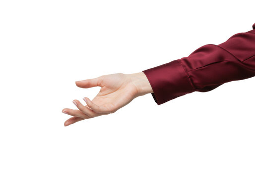Isolated arm reaching out for something, wearing a burgundy satin dress shirt or blouse