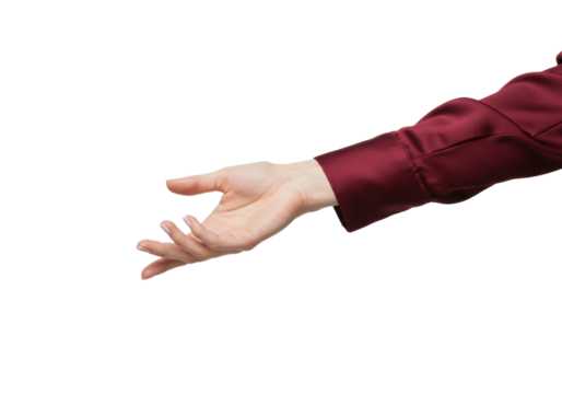 Isolated arm reaching out for something, wearing a burgundy satin dress shirt or blouse