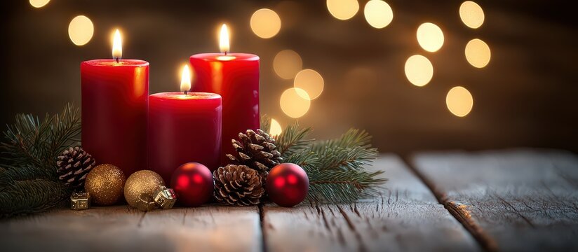 Third Sunday of Advent - During Advent, three red candles are lit. Advent or Christmas background with space for text.