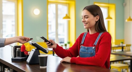 Smiling young woman confidently uses her smartphone for a convenient mobile payment at a cheerful, modern cafe counter