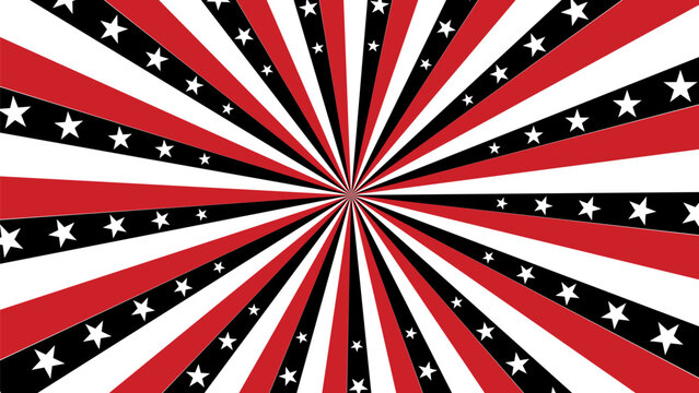 Vibrant Red, Black, and White Starburst Pattern with Bold Stripes Creates a Dynamic and Energetic Visual Effect Suitable for Celebratory Themes