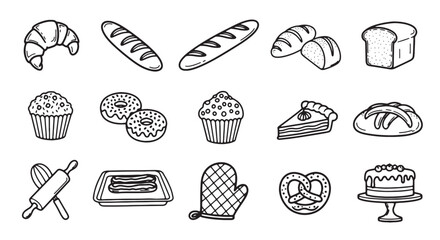 Set of bakery icons hand-drawn vector illustration of baked goods isolated on white background