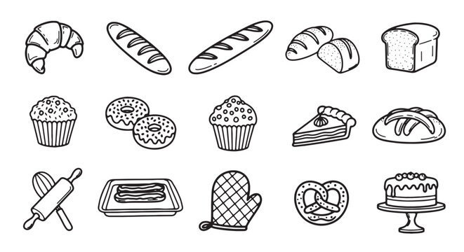 Set of bakery icons hand-drawn vector illustration of baked goods isolated on white background