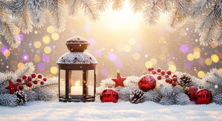 Festive christmas arrangement with lantern