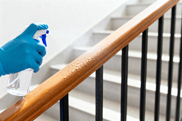 Hand sanitizing a wooden handrail with spray during the pandemic