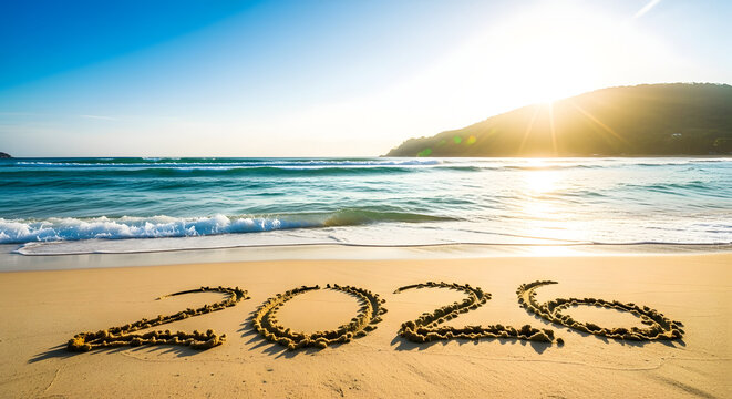 New year 2026 message written in sand on tropical beach at sunrise