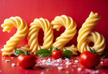 Penne numerals 2026 amid scattered penne and cherry tomatoes, rustic kitchen styling with parmesan and coarse salt. New Year cooking banner for restaurants or cafe.