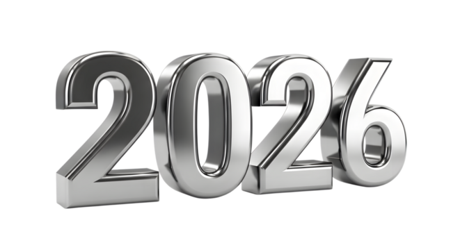 Shiny silver 2026 number render isolated on transparent background - Powered by Adobe