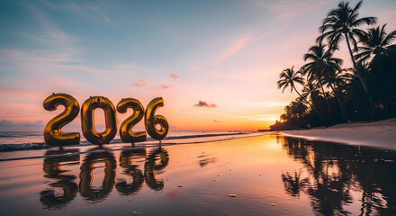 Golden 2026 balloons reflected on a tropical beach at sunset new year