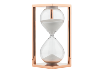 Isolated hourglass with metal frame, sand timer measuring time passing, deadline concept