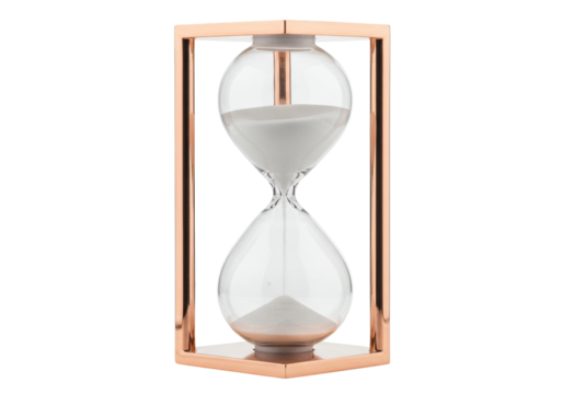 Isolated hourglass with metal frame, sand timer measuring time passing, deadline concept