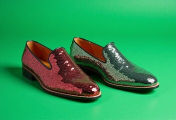 Elegant sequin footwear, Luxury sequin loafers on green background, Sparkly sequin loafers showcased in elegant holiday setting, Luxurious sequin loafers displayed against vibrant holiday backdrop