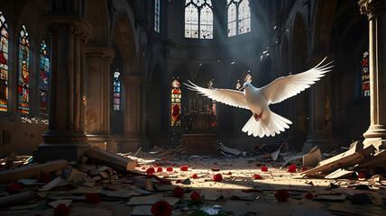 A serene white dove flies through a majestic, partially ruined church bathed in divine sunlight.