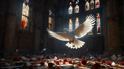 A white dove gracefully soars through the ruins of an ancient cathedral, illuminated by streams of light filtering through colorful stained-glass windows