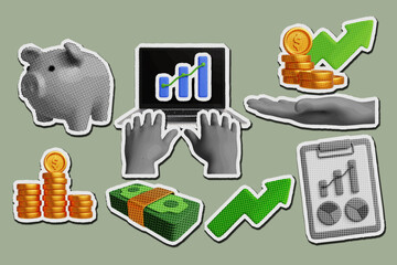 Retro halftone collage business finance  paper stickers set.
