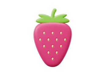 Isolated strawberry emoji illustration, a cartoon image of the fruit, with a green stem, a fun snack