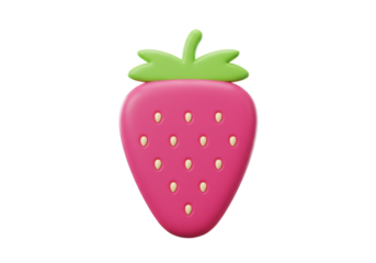 Isolated strawberry emoji illustration, a cartoon image of the fruit, with a green stem, a fun snack