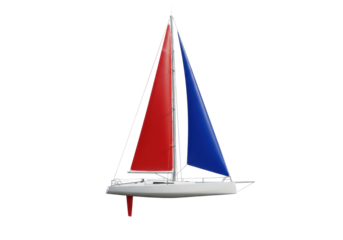 Isolated sailing yacht, white hull, red and blue sails on a yacht under full sail