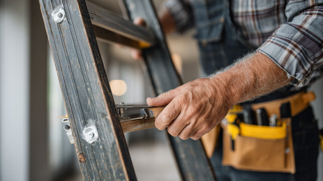 Handyman adjusting metal ladder with tool belt in indoor space, close-up of hands during renovation or home repair - Powered by Adobe