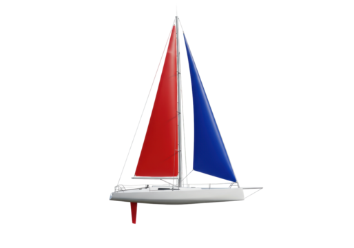 Isolated sailing yacht, white hull, red and blue sails on a yacht under full sail