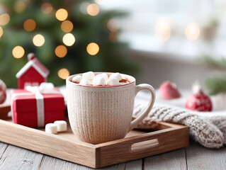 Hot chocolate with marshmallows against Christmas tree backdrop. Cup of hot cocoa on wooden tray next to gift box and knitted blanket. Festive Christmas still life on table