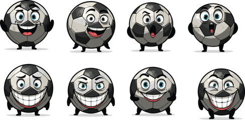 Cartoon soccer ball characters with expressive faces, playful sports-themed vector illustration for kids, fun football emotions, whimsical athletic design, cute icons