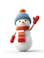Full body portrait of happy snowman with welcoming gesture. Snowman wearing knitted hat, scarf and mittens, smiles joyfully, isolated on white background. Snowperson waves hello with his hand raised