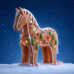 Horse sculpture made from gingerbread with christmas ornaments. Single cookie sculpture of horse decorated with icing. Horse like symbol of 2026 Chinese New Year